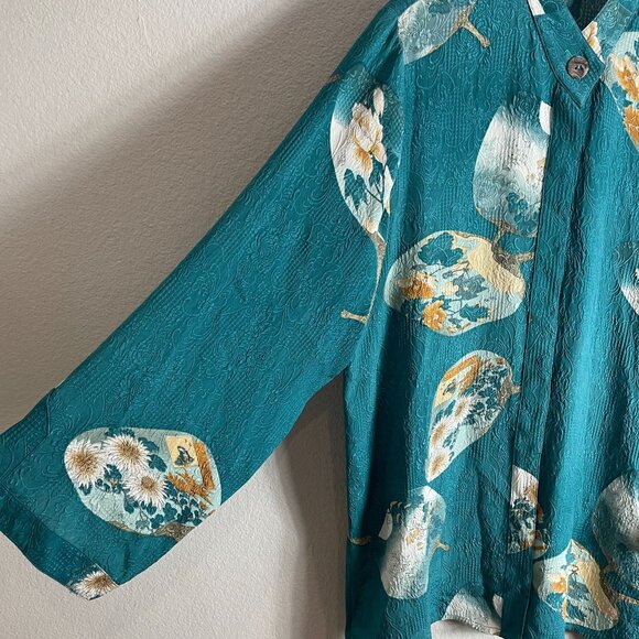 Citron Santa Monica Womens Large Teal 100% Silk Asian Fan Print Button Up Blouse - Picture 10 of 13